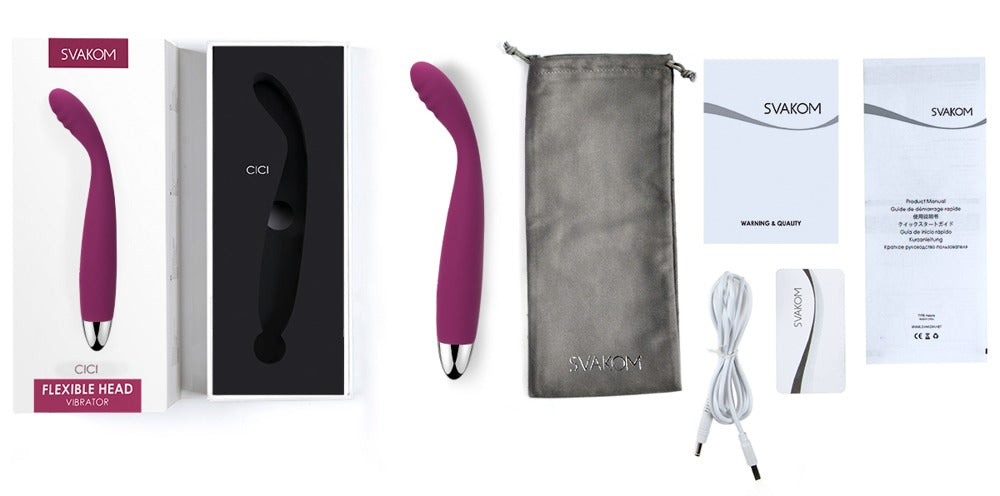 SVAKOM Cici Δονητής με βιολετί χρώμα με κυρτή κεφαλή και περιεχόμενο συσκευασίας