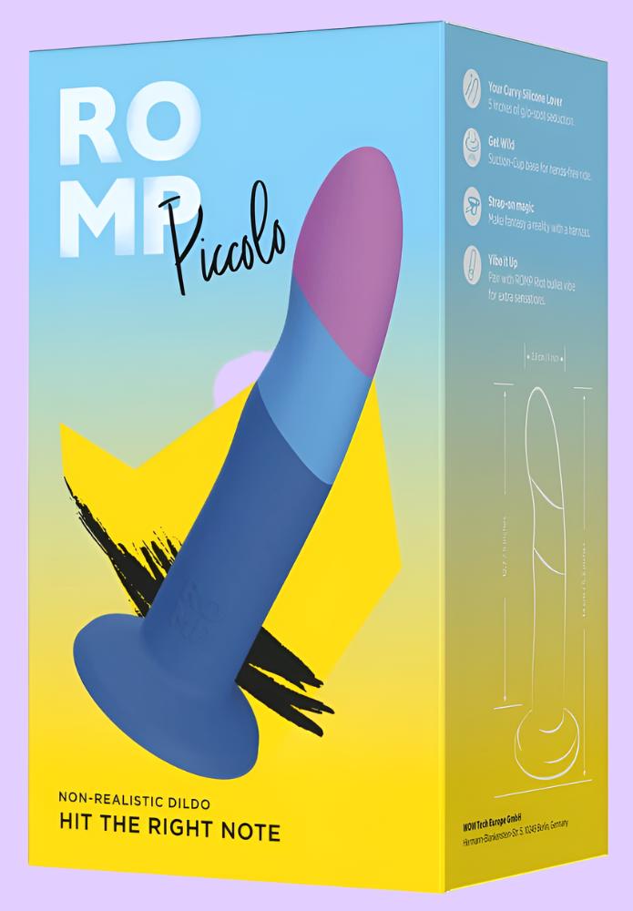 Piccolo ROMP Dildo με βεντούζα πολύχρωμη σε αποχρώσεις του μπλε συσκευασία