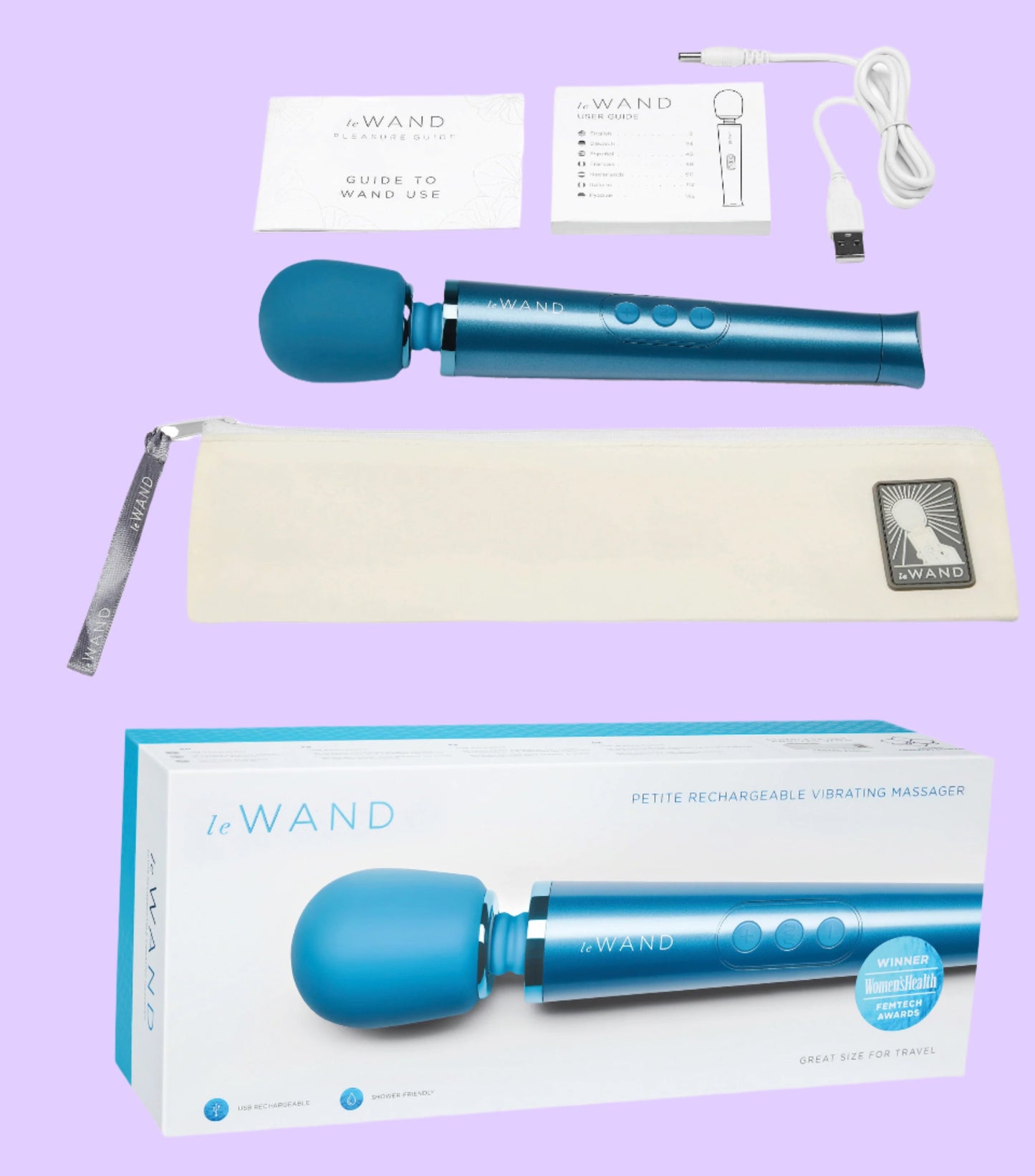 Le Wand Petite Επαναφορτιζόμενο Ραβδί Μασάζ σε μπλε χρώμα με περιεχόμενο συσκευασίας