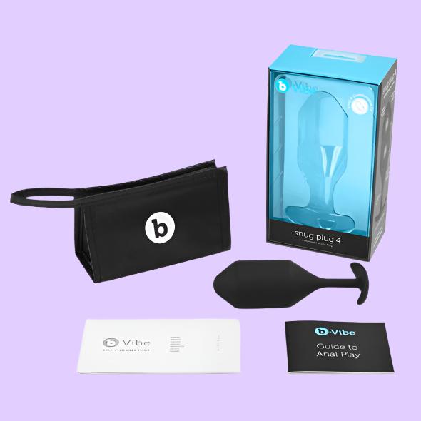 b-Vibe Snug Plug 4 Πρωκτική Σφήνα σε μάυρο χρώμα και περιεχόμενο συσκευασίας