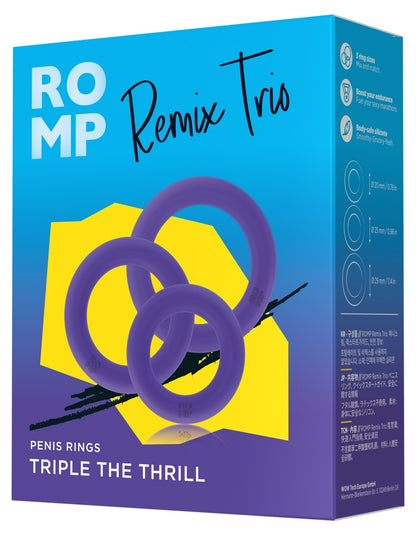 ROMP Remix Trio δαχτυλίδια πέους με τη συσκευασία τους σε μοβ χρώμα