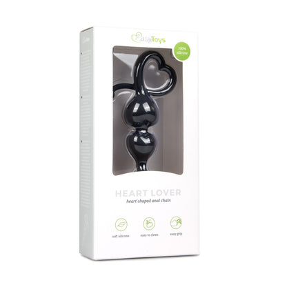 Easytoys anal beads από μαύρη σιλικόνη με μπίλιες σε σχήμα καρδιάς και λαβή καρδιά συσκευασία