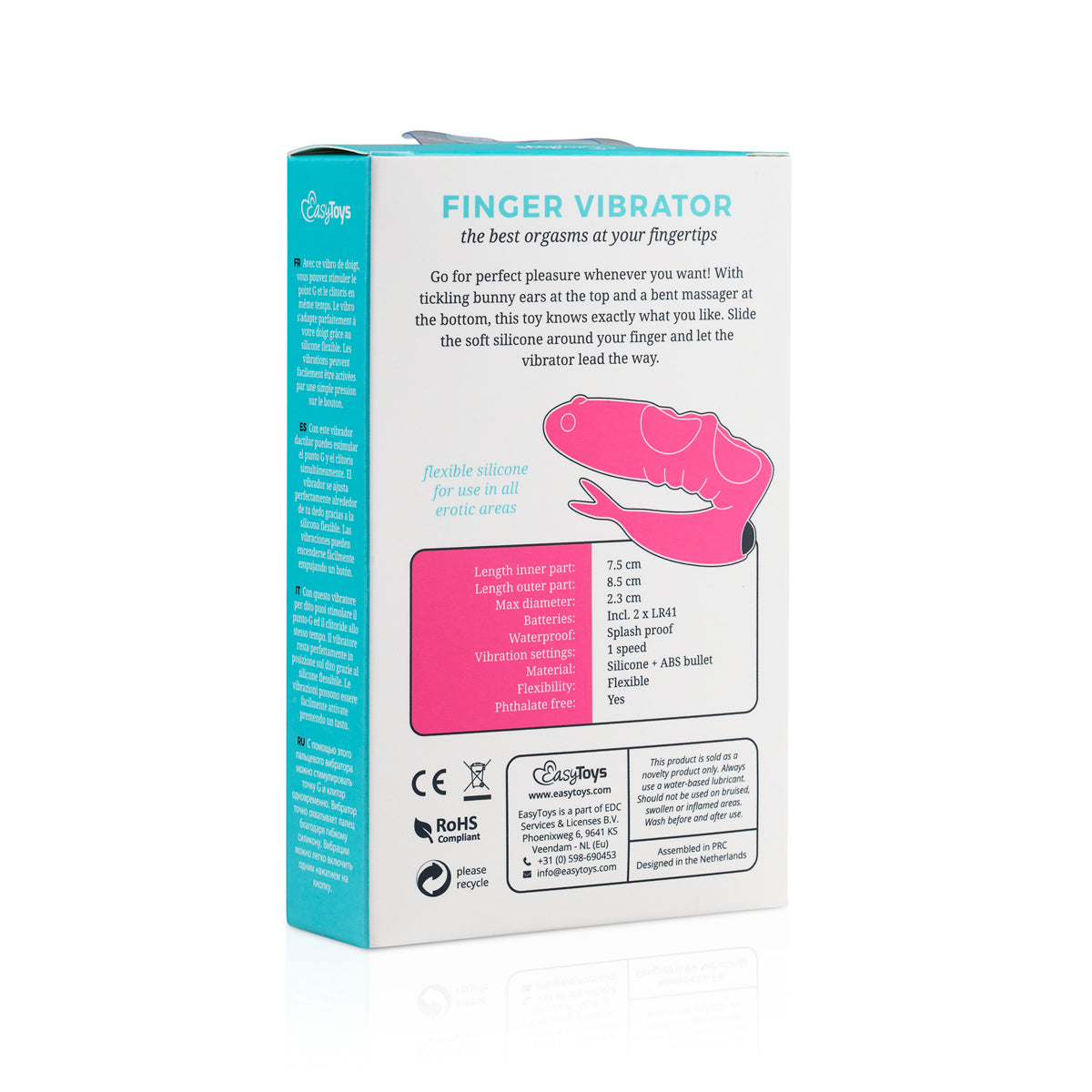 Easytoys Finger Vibrator δονητής δακτύλου από ροζ σιλικόνη συσκευασία πίσω όψη